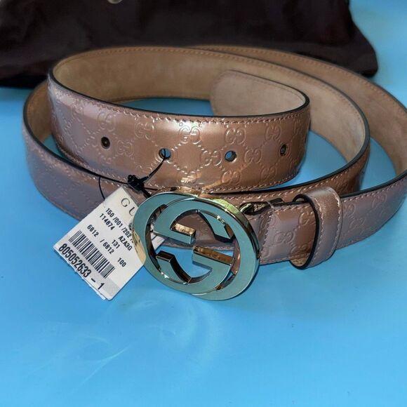 NWT GUCCI G belt & buckle monogram pink/metallic beige/winter rose Sz 40 - Picture 1 of 9